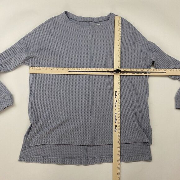 American Eagle Gray/Blue Waffle Knit Split Hem Blouse Dolman Sleeve L/S Sz XS - Picture 2 of 13